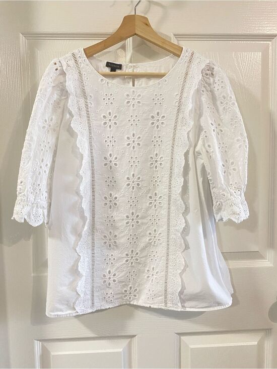 Talbots Tops - NWOT TALBOTS WMNS L Eyelet Lace White Blouse Puff Sleeves 100% COTTON